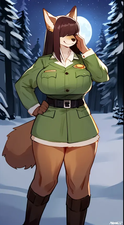 (((By bebebebebe))), female, ((canine, snout, hair covering eyes, straight hair, medium hair, flat hair, ears, thin snout)), brown fur, big poofy tail, raised tail, dark maroon hair, (muscular, big breasts), solo, standing, (tan and green park ranger unifo...