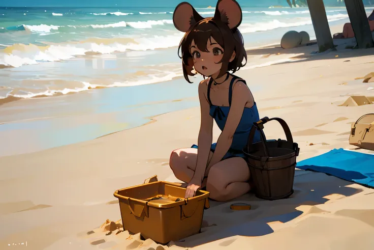 DW sitting on the beach, Concentrate on playing with the sand with her little bucket and shovel. Around her, The beach is very lively，people enjoying time, Sun bath, and children playing. database,Mouse ears,1 girl,short detailed hair,with her mouth open,B...