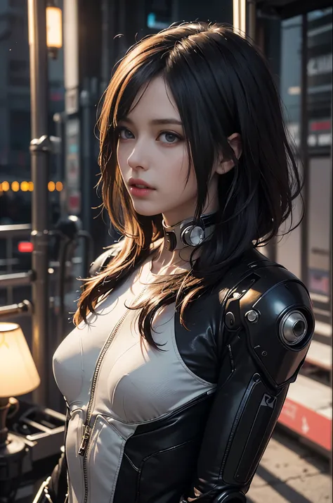 of the highest quality, masutepiece, Ultra High resolution, ((Photorealistic: 1.4), raw Photo, 1 Cyberpunk Android Girl, Glossy skin, (Ultra realistic Details)), Mechanical limbs, Tubes connected to mechanical parts, Mechanical vertebrae attached to the sp...