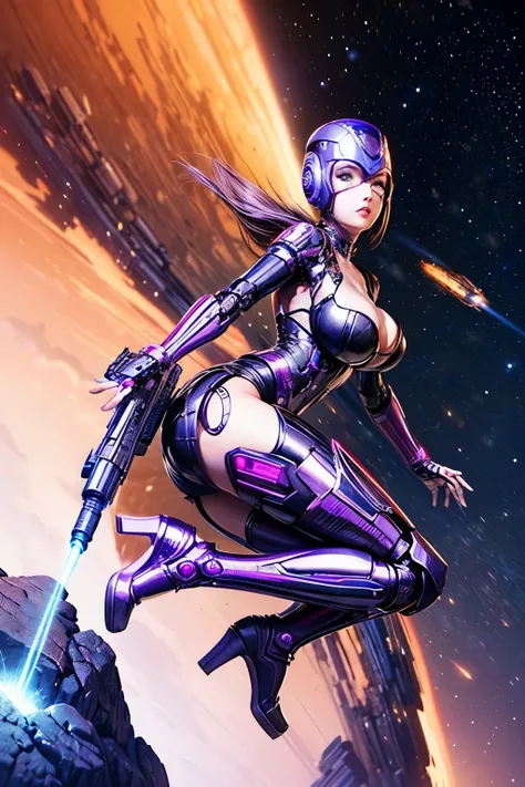 Luciwilde is a sexy cyborg with a entirely electric purple metallic body(obviously mechanical in the style of robocop), metal helmet stylized as a fashion model hairdo (no hair visible), and a completely human face. She is flying through space propelled by...