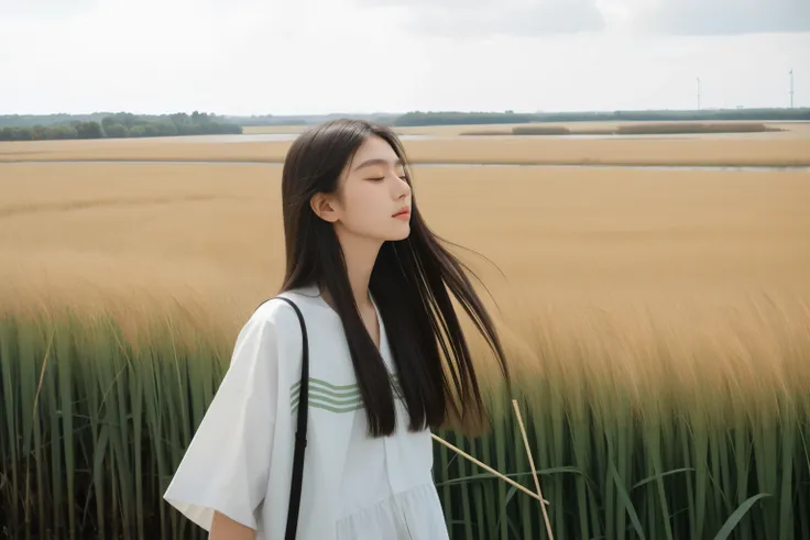 18-year-old girl，sportrait，sideface，完全的sideface，sideface，With his eyes closed，long eyelasher，the detail，prette，incomparable beauty，being thin，惨blanche的肤lanche，calm countenance，Intoxicated expression，Green reeds taller than people，2 meters high green reeds，...