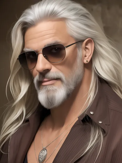 full face portrait of Zeus, approximately 50 years old, using sunglasses, very sophisticated and handsome, and seductive, subtle smile, with serene eyes, beard and long gray hair, looking at the camera --auto --s2