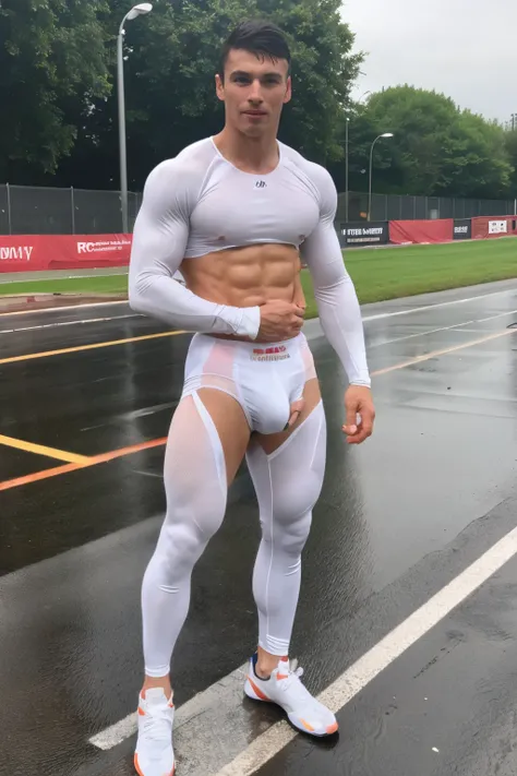 macho、twinks、track and field、runner、Erect、in her 20s、lower body exposure、His white compression wear is soaked in the rain and his erect penis is visible.、under armour、multiple men、a picture