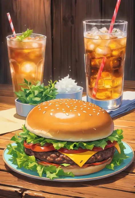 a mouthwatering shot of a cheeseburger on a wooden background, with a side of fresh greens and a glass of ice-cold soda, representing the perfect mealtime indulgence