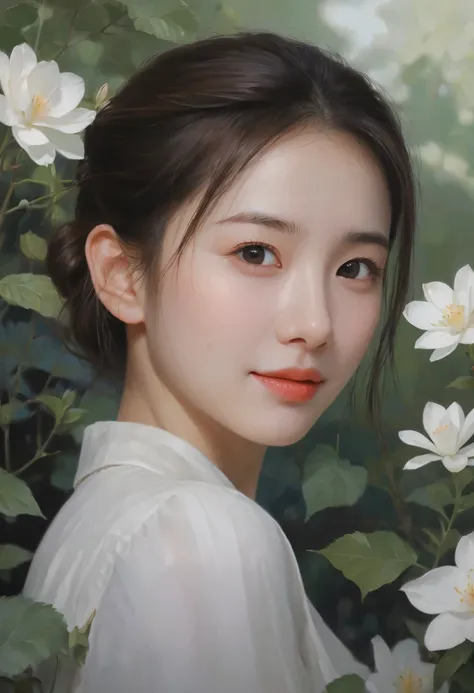 on the garden, Picture a girl with a Glaswegian smile. The details of her eyes are beautiful, The details on the lips are beautiful, And her face and eyes are very detailed. She has long eyelashes. The artwork was created using illustration techniques, Pro...