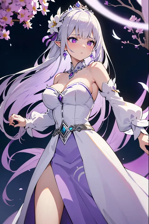 Emilia princess from Re:Zero kara Hajimeru Isekai Seikatsu, half elf, ((gorgeous white and purple elegant silk wedding dress, holding a bunch of clematis, silk accesory, veil, silver necklace, diamond ring, flower earring, belt, collar, silver crown, silk ...