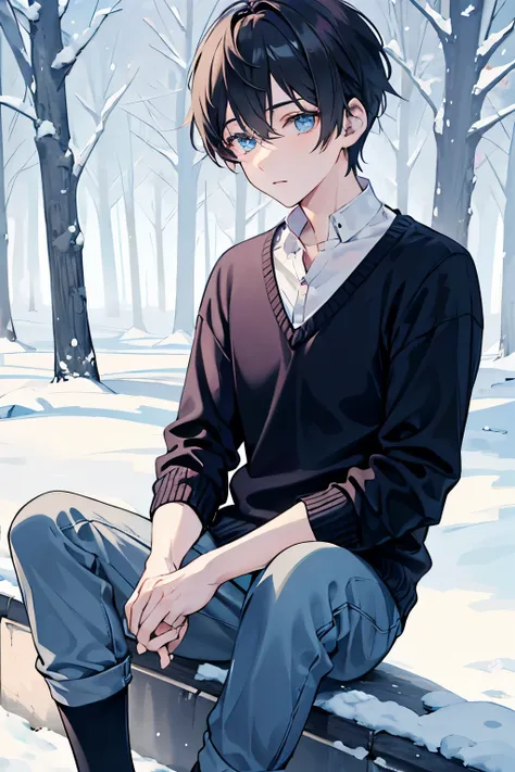 male people　A dark-haired　blue eyess　trainers　jumper　JINS　trouser　sockes　espadrilles　muffler　In the snow forest　​masterpiece　Top image quality　denoise　Clear 　cinematic shadow　Increased attractiveness of the eyes　Clear the shine of the eyes　Draw eyelashes n...