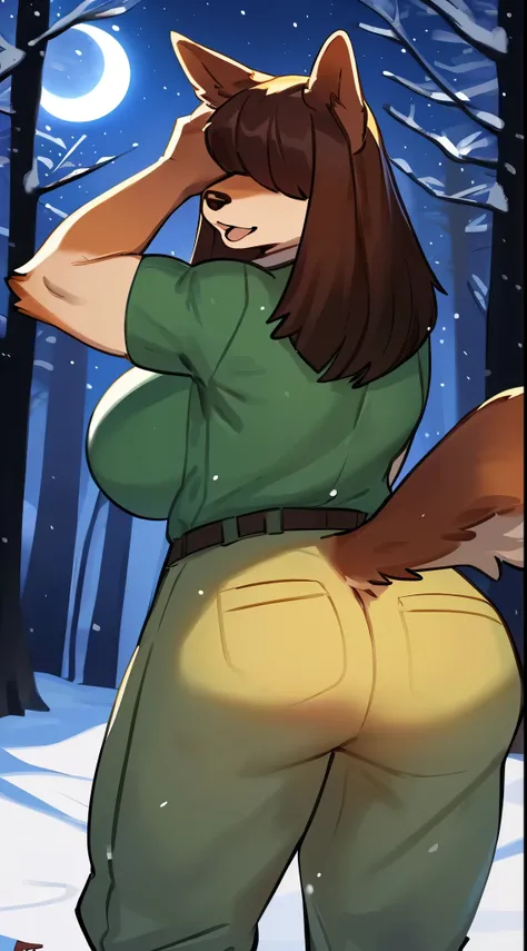 (((By bebebebebe))), ((by lostgoose)), (by goonie-san), female, ((canine, snout, hair covering eyes, straight hair, medium hair, flat hair, ears, thin snout)), brown fur, big poofy tail, raised tail, dark maroon hair, ((muscular, big breasts)), solo, stand...