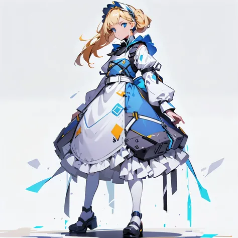 【Highest Quality, masutepiece】  [(1girl:1.5), expressioness, (blonde hair:1.5), long hair,Blue dress, (blue eyes:1.3), white legwear, apron, hairband ribbon, slender beauty, shoes, short sleeves, saucer, black footwear, Upper body] (Gray white background:1...