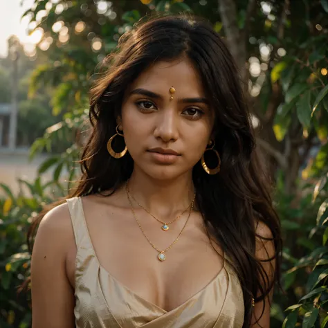 1 indian girl, blurry background, depth of field, earrings, hair over one eye, jewelry, lips, long hair, necklace, ring, solo, sunlight, sunset, golden hours, tree, upper body,  , (extremely symmetrical perfect face), long shot