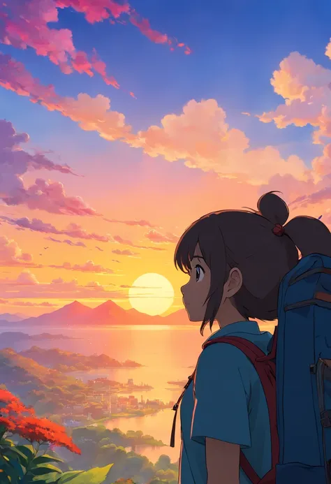 a close-up shot of a person’s silhouette against the vibrant colors of a sunrise or sunset sky, with their backpack adding a sense of adventure and exploration to the composition