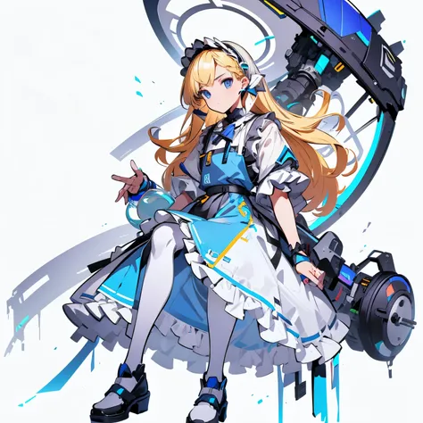 【Highest Quality, masutepiece】  [(1girl:1.5), expressioness, (blonde hair:1.5), long hair,Blue dress, (blue eyes:1.3), white legwear, apron, hairband ribbon, slender beauty, shoes, short sleeves, saucer, black footwear, Upper body] (Gray white background:1...