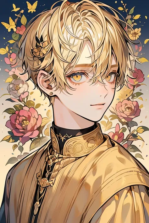 (masutepiece), (Best Quality), Highly detailed, 1 boy, Solo Focus，Perfect face, Beautiful face, extra detailed face，(blond:1.3)，(Golden eyes:1.3)，florals，butterflys々，floralsびら，optic，a smile