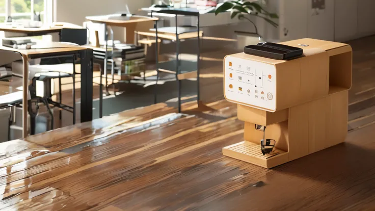 空气炸锅放在desks上，这里有张desks，There were chairs and a bowl of fruit on it，长方形wooden tables，tuba，wooden tables，dining table，dining table，wooden tables子，high qulity，wooden tables，elegant and refined，elegant furniture，line sleek，desks，白色厨房desks，lightand shade contra...