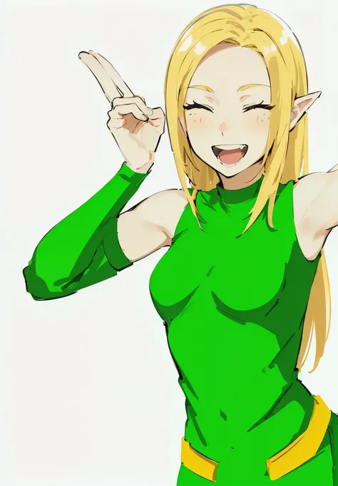 Anime sharp ear Blonde girl in a green outfit with her hands up and posing peace sign smiling with eyes closed,