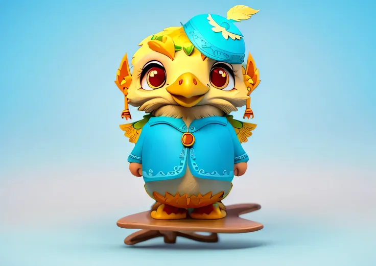 cartoon bird, dressed in blue and yellow clothes, , stylized Character design, new costume concept design, Character design contest winner, detailed Character design, game Character design, high quality Character design, highly detailed Character design, R...