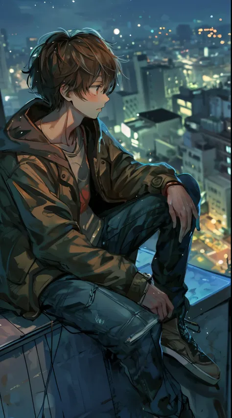 high quality, amount of drawing, pixiv illustration, A scene depicting a handsome young man gazing at the night sky from a city rooftop. He is seated on the edge of the rooftop under the starry sky, dressed casually in a jacket and denim pants. His express...