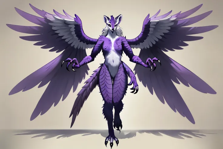 Bright purple soft scales all over the body，Bipedal single claw，Head like an eagle，long back wings，with its soft fur，Strong，non-upright walking，Warcraft