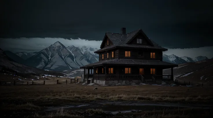 a house on the mountain region, no grass, just rocky mountain, eerie atmosphere, dark background and creepy looking pic,