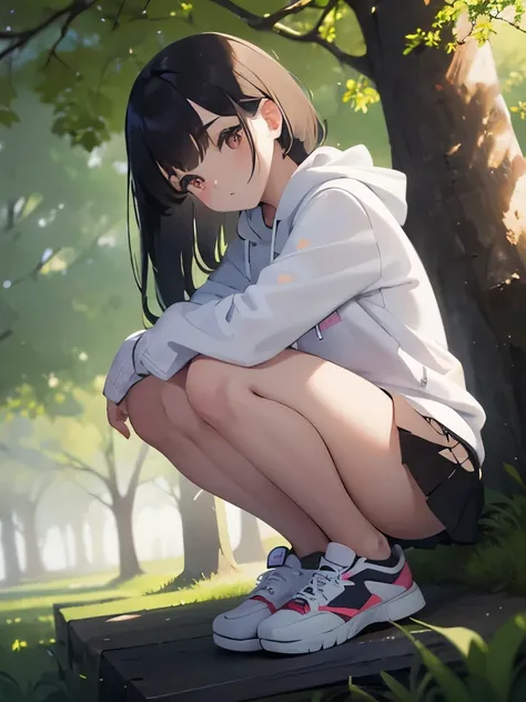 Beautiful soft light, vibrant detail, Anatomical, Exact ratio, Extremely detailed, amazing, finely detail, best quality, high resolution, 1girl, petite, cute, shinny, luster skin, corner of the park, (sleeve_less hoodie), short skirt, sneakers, crouching, ...