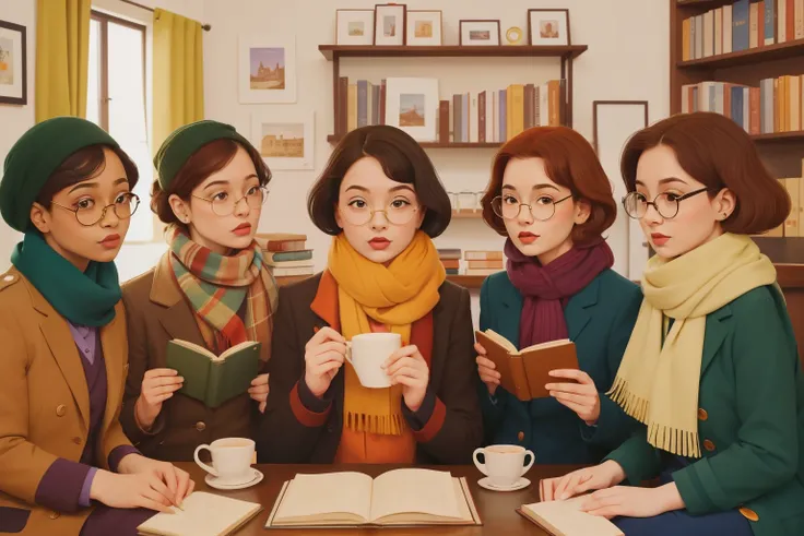 February 2023. Book Club Gathering in Edinburgh, Scotland.

Description: A diverse group of book club members, each with unique hairstyles and glasses, meets at a cozy Edinburgh cafe. The vintage book covers, colorful scarves, and animated discussions embo...