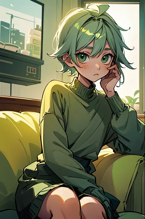 Boy Kpop, sage green hair, in a cute green sweater, sit near the factory, inside the living room, relax lofi, pretty, Formal professional sitting pose