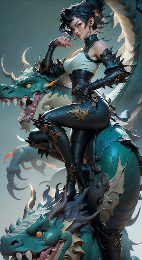 01_Green wooden dragon. Chinese style. Sculpture. A wooden sculpture, next to a cool girl in a leather corset, long dark hair, high black leather jackboots, black gloves on her hands, and metal spikes on her shoulders. Rock star, super beauty against the b...