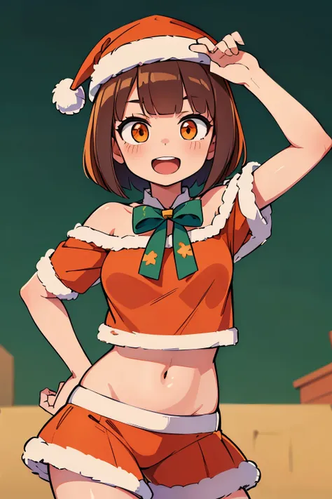 ((masterpiece)), high resolution,(best quality), (oversized croptop), high school girl, orange eyes, messy bob cut, brown hair, (Santa girl), santa hat,1 girl, solo, cowboy shot, open mouth smile,