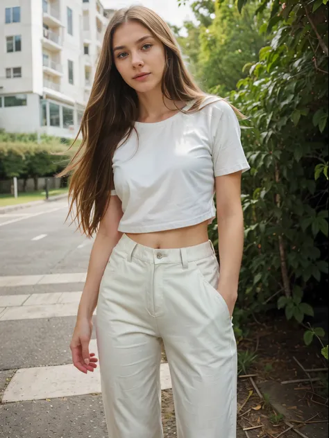 20 years old (hyper realistic)) Girl cute with (long dark blond hair) (beautiful nose))  ((cheekbones)) ((small breast size)) with (Green eyes) wears ((beige t-shirt white trousers, white shoes:1)), full body shot, head to toe, full-length view, wide field...