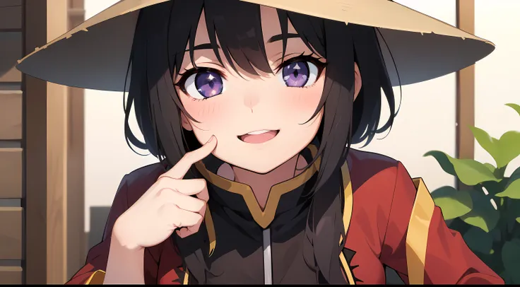 ((best quality)), ((piece of master)), (circunstancing), rosto perfeito, A girl with her hands pressing her cheek, inspirado na personagem Megumin do anime Konosuba, garota perfeita com um sorriso feliz, vestido como um gatinho, fundo conforme a imagem, ol...