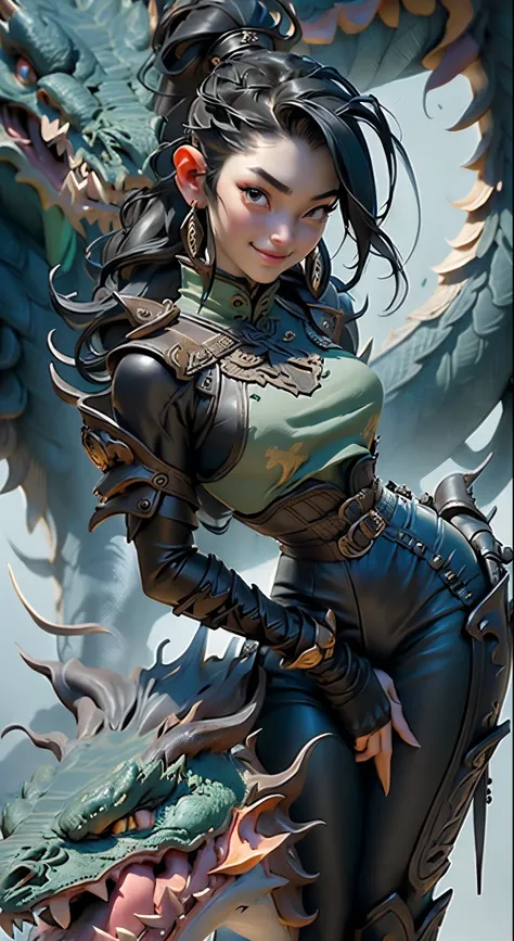 01_Green wooden dragon. Chinese style. Sculpture. A wooden sculpture, next to a cool girl in a leather corset, long dark hair, high black leather jackboots, black gloves on her hands, and metal spikes on her shoulders. Rock star, super beauty against the b...