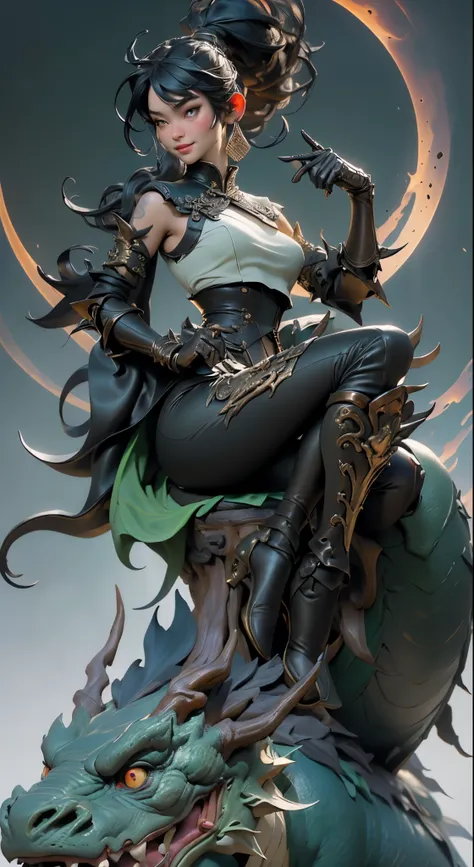 01_Green wooden dragon. Chinese style. Sculpture. A wooden sculpture, next to a cool girl in a leather corset, long dark hair, high black leather jackboots, black gloves on her hands, and metal spikes on her shoulders. Rock star, super beauty against the b...