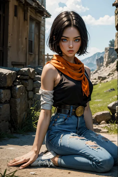 (masterpiece), best quality, expressive eyes, perfect face, highres, 1 girl, solo, android 17 girl, (female body:1.3), blue eyes...