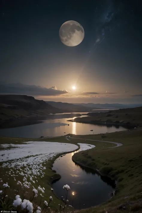 moon lighting a moonlit lake with cotton, in the style of cosmic landscapes, conceptual photography, scottish landscapes, associated press photo, radiant clusters, national geographic photo, photo-realistic compositions