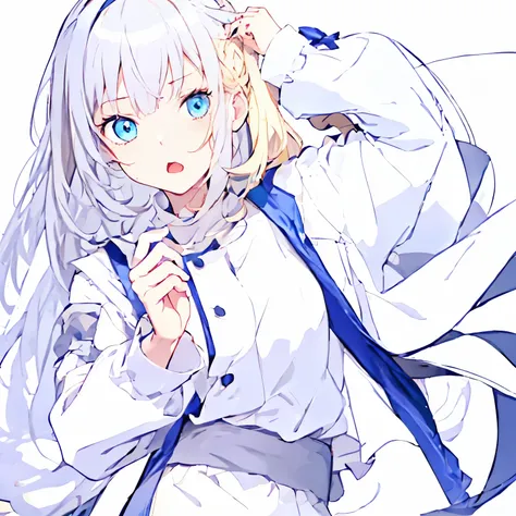 【Highest Quality, masutepiece】  [(1girl:1.5), expressioness, (blonde hair:1.5), long hair, (blue eyes:1.3), hairband ribbon, slender beauty, Upper body] Gray white background