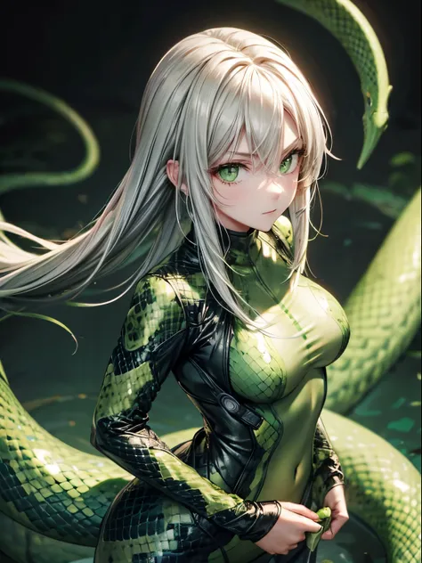 snake girl,snake colour bodysuit, green,green eyes, snake eyes, white hairs, no expression