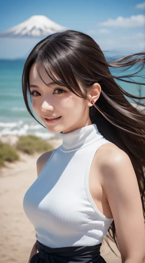 （One Woman）,(Bursting smile:1.5),(Look at viewers:1.1）,（hide ones hands:2.0）,(Beautiful Japan Woman）,（hair behind ear, hair over shoulder, straight haired, Long hair, strong wind in the hair:1.5), （ High neck sleeveless , tight skirts:1.5), （high-heels;1.3...