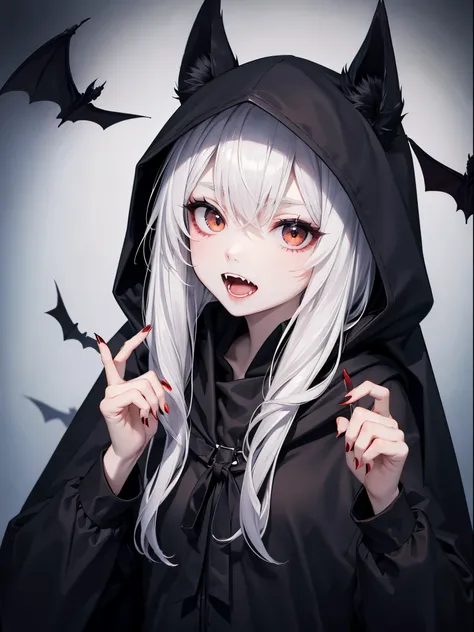 Bat girl, fangs, vampire, pale face, black hood, cloak, open mouth, roaring