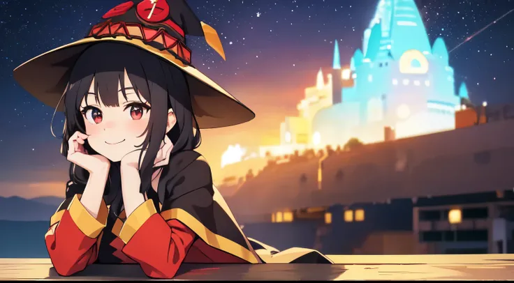 A girl with her hands pressing her cute cheek, inspired by the character Megumin from the anime Konosuba, perfect girl with an elegant smile, background as shown in the image, bright red eyes, stars just like the anime, anime from the 80s