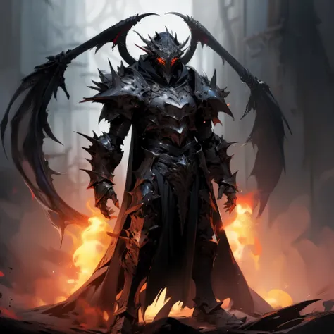 a man in a dark armor with a glowing demon face, demon armor, demonic dragon inspired armor, dark armor, Dragon-shaped armor, Black armor, Dark God digital concept art, Epic fantasy character art, shadow armor, Dark God concept art, cavalier, cinder lord, ...