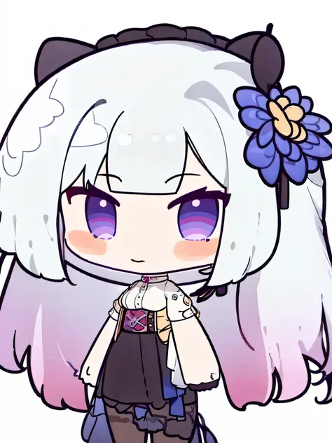 Chibi, big face, pinkish white hair, purple eyes, cute, blush, ponytails, only face,