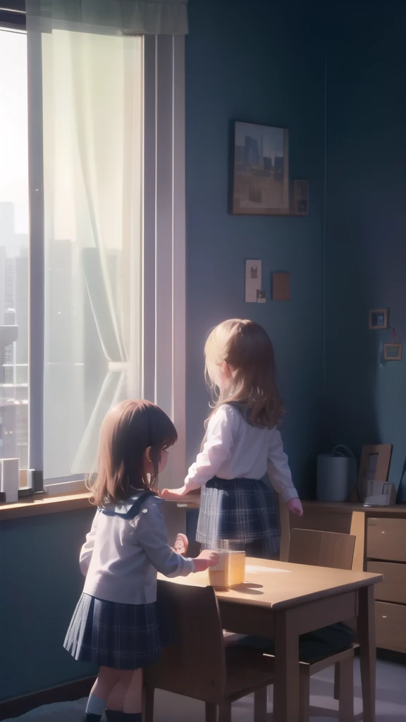 two little girls in a room standing near a window, soft light, you see starry sky through the window and the night lights of the...