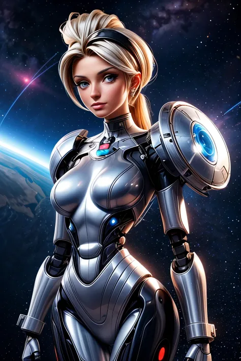 A silver robot, obviously mechanical body, who greatly resembles Paris Hilton and with a completely human face. It is carrying a large laser weapon and flying through space