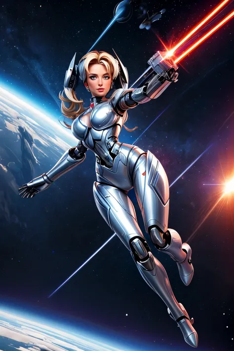 A silver robot, obviously mechanical body, who greatly resembles Paris Hilton and with a completely human face. It is carrying a large laser weapon and flying through space