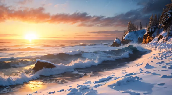 a beautiful sunset over the ocean with waves crashing on the beach, warm beautiful scene, frozen sea, inspired by Igor Kieryluk, beautiful sea landscapes, magnificent background, by Alexander Kucharsky, cold sunset, inspired by Phil Koch, marc adamus, phot...