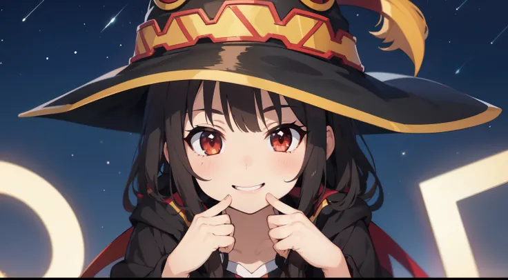 A girl with her hands pressing her cute cheek, inspired by the character Megumin from the anime Konosuba, perfect girl with an elegant smile, background as shown in the image, bright red eyes, stars just like the anime, anime from the 80s