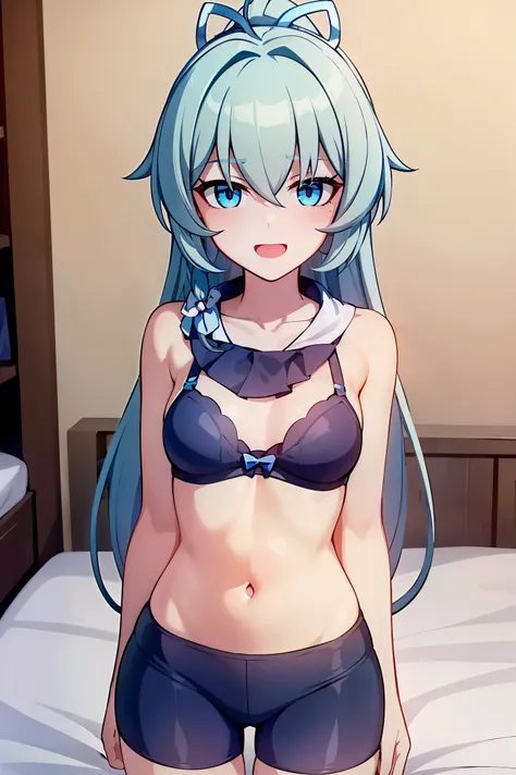 1 girl, best quality, ultra high res, long hair, blue hair, blue eyes, shigure kira, looking at viewers, small breast, standing, pov, slim body, loli body, small body, short body, smile, open mouth, white bra, black bike shorts, bedroom, white bed sheets,