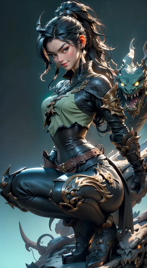 01_Green wooden dragon. Chinese style. Sculpture. A wooden sculpture, next to a cool girl in a leather corset, long dark hair, high black leather jackboots, black gloves on her hands, and metal spikes on her shoulders. Rock star, super beauty against the b...