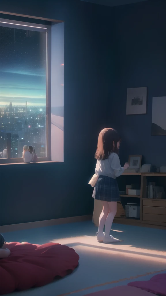 two little girls in a room standing near a window,  you see starry sky through the window and the night lights of the city, (bes...