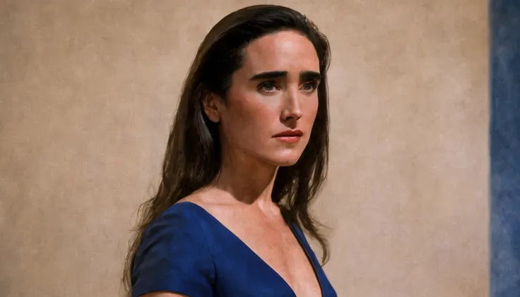 1 girl "jennifer connelly em vestido longo azul", pintura: (obra-prima, best illustration, sem humanos), fundo realista, quioto ...